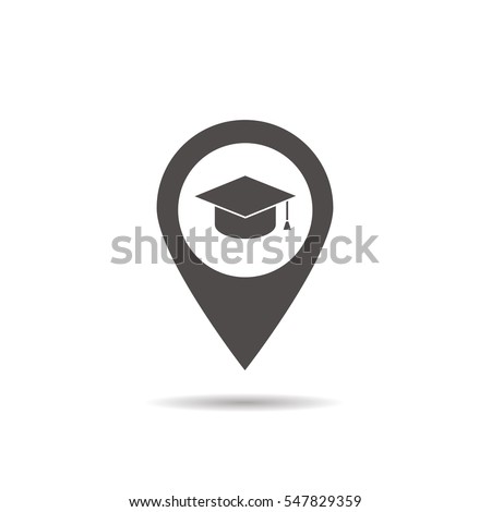 University location icon. Drop shadow map pointer silhouette symbol. Student's hat pinpoint. College nearby. Vector isolated illustration