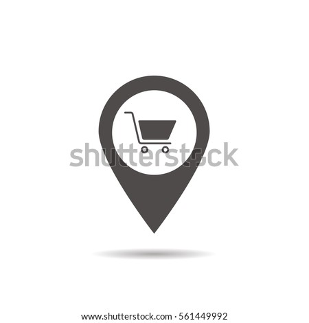 Supermarket location icon. Drop shadow map pointer silhouette symbol. Shopping cart pinpoint. Grocery store nearby. Vector isolated illustration