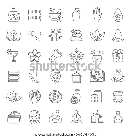 Spa salon linear icons set. Aroma therapy, stones massage, face cream jar, towels, flowers, foot file, cucumber mask, shower, candles, oil. Thin line contour symbols. Isolated vector illustrations