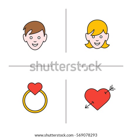 Valentine's Day color icons set. Boy and girl, arrow piercing heart, gold wedding ring with heart. Isolated vector illustrations