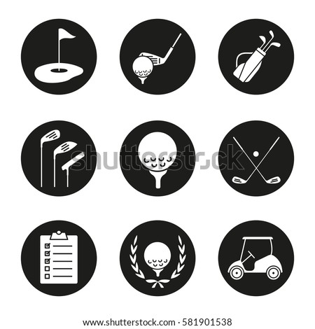 Golf icons set. Ball on tee, golf cart, clubs, golfer's checklist, championship symbol, bag, course, flagstick in hole. Vector white silhouettes illustrations in black circles