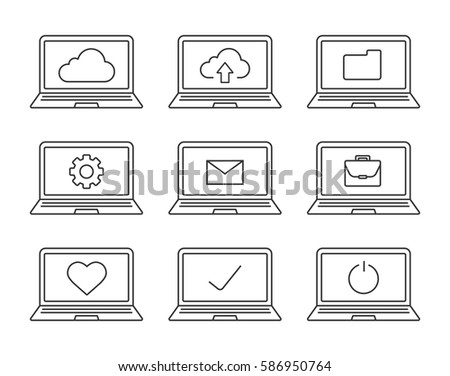 Laptops linear icons set. Laptops with folder, settings, cloud computing, email, tick, heart, briefcase, turn off button. Thin line contour symbols. Isolated vector illustrations