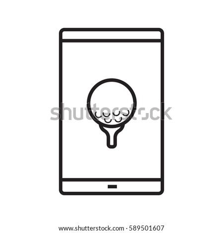 Smartphone golf game app linear icon. Thin line illustration. Smart phone with golf ball on tee contour symbol. Vector isolated outline drawing