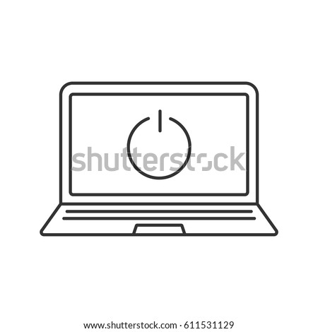 Turn off laptop linear icon. Thin line illustration. Smart phone with shut down button contour symbol. Vector isolated outline drawing