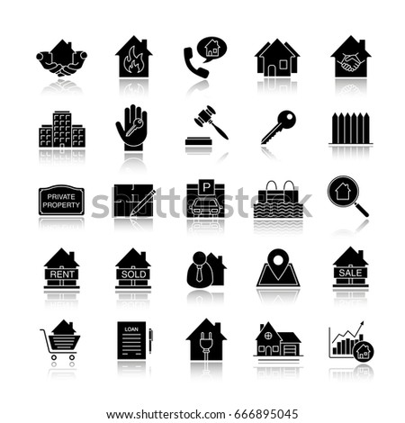 Real estate market drop shadow black glyph icons set. Property development. Building business. Home, house, blueprint, buy, rent and sell signs. Isolated vector illustrations