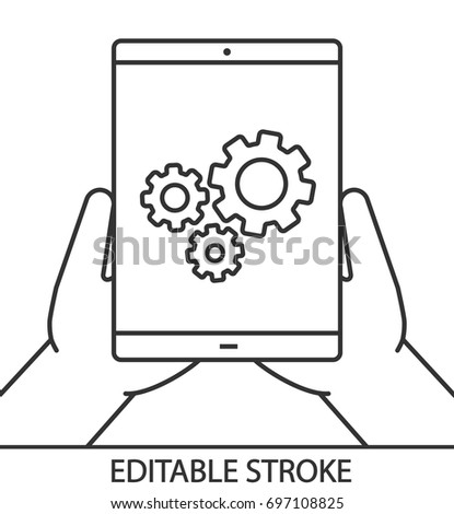 Hands holding tablet computer linear icon. Device settings. Thin line illustration. Tablet computer with cogwheels. Contour symbol. Vector isolated outline drawing. Editable stroke