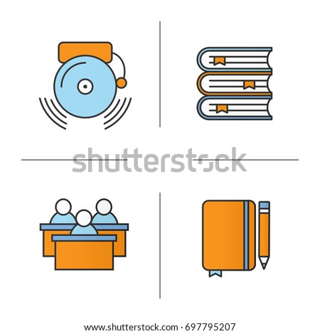School color icons set. Students, class journal with pencil, ringing school bell, books stack. Isolated vector illustrations