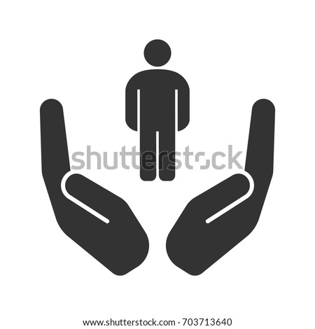 Open palms with human glyph icon. Silhouette symbol. Taking care of people. Negative space. Vector isolated illustration