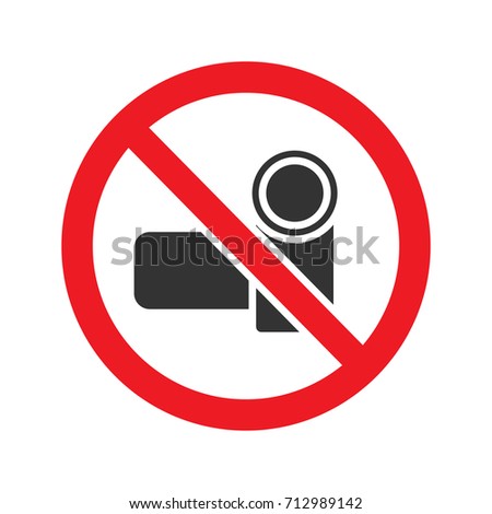 Forbidden sign with video camera glyph icon. Stop silhouette symbol. Videotaping prohibition. Negative space. Vector isolated illustration