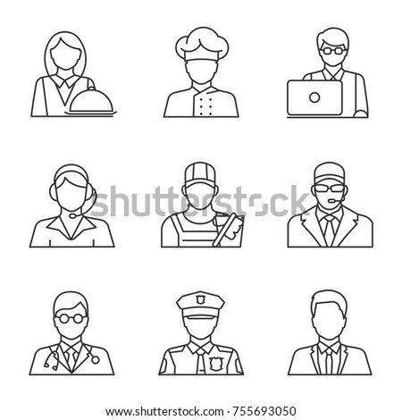 Professions linear icons set. Waitress, cook, IT technologist, call center operator, cleaner, bodyguard doctor, policeman, office worker. Thin line contour symbol. Isolated vector outline illustration