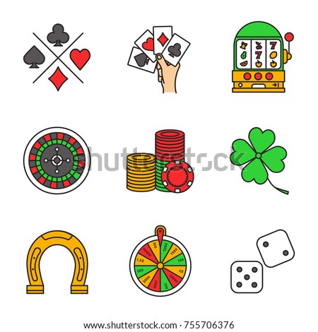 Casino color icons set. Cards suits, four aces, slot machine, roulette, wheel of fortune, gambling chip, dice, four leaf clover, horseshoe. Isolated vector illustrations
