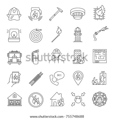 Firefighting linear icons set. Fire station equipment. Thin line contour symbols. Isolated vector outline illustrations. Editable stroke,