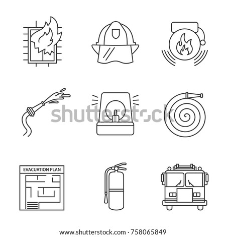 Firefighting linear icons set. Hard hat, fireman siren, alarm bell, hose, firefighter engine, extinguisher, evacuation, house on fire. Thin line contour symbols. Isolated vector outline illustrations