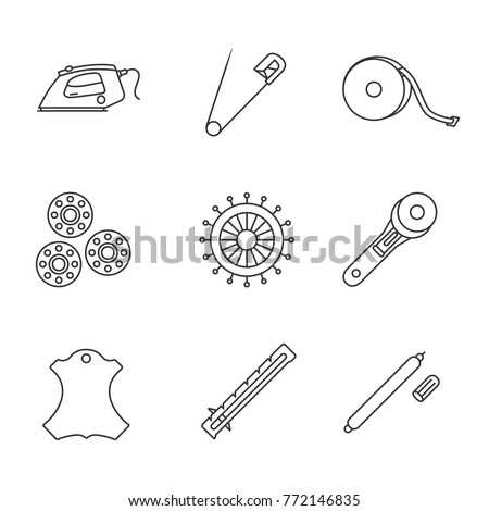 Tailoring linear icons set. Steam iron, safety and straight pin, measuring tape, bobbin, rotary cutter, leather label, gauge, marker. Thin line contour symbols. Isolated vector outline illustrations