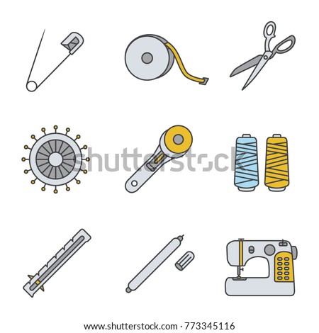 Tailoring color icons set. Safety and straight pins, measuring tape, fabric scissors, rotary cutter, thread spool, seam gauge, marker pen, sewing machine. Isolated vector illustrations