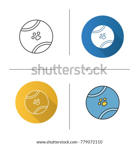 Dog's ball with paw icon. Flat design, linear and color styles. Pet toy. Isolated vector illustrations