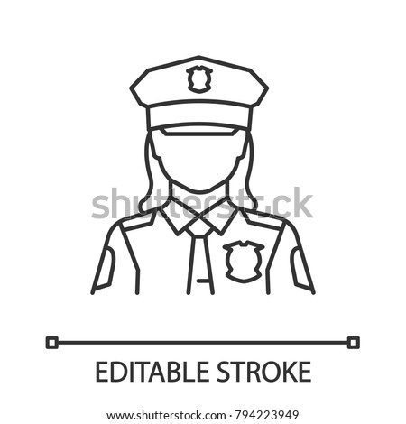 Policewoman linear icon. Police officer. Thin line illustration. Cop. Contour symbol. Vector isolated outline drawing. Editable stroke