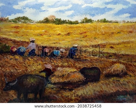             Art painting Oil color Thai land Harvest Rice , Hut northeast Thailand Countryside                   