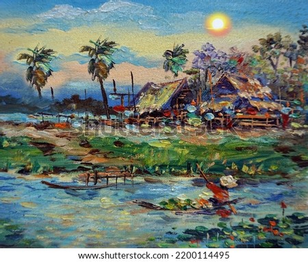   Art painting Oil color , Countryside in the provinces Thailand on canvas                             