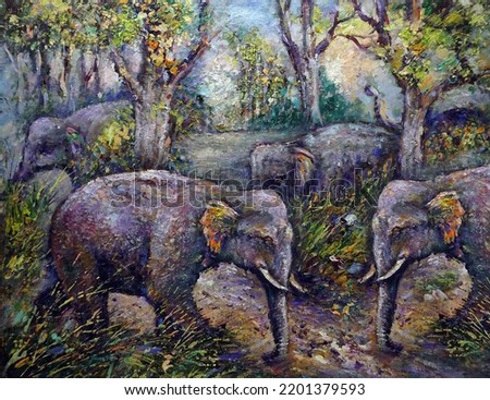      art painting Oil color Elephant family thailand , Safari , zoo                         