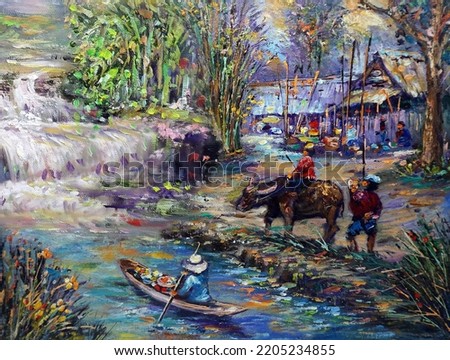     Art painting Oil color , Countryside in the provinces Thailand on canvas                           
