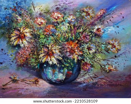     Art painting oil color flower in vase                           