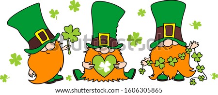 St. Patrick's Day Irish gnomes with clover for good luck. Cartoon vector Leprechauns illustration for cards, decor, shirt design, invitation to the pub. Stockfoto © 