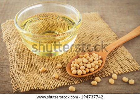 Soy beans and oil on hessian mat.