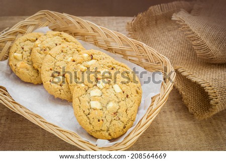 White chocolate chip with raspberry cookie in basket