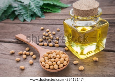Soy bean and soy oil on wooden table