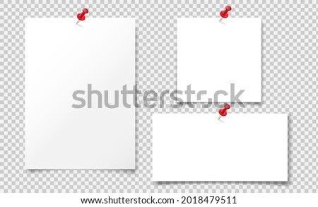 Set of vector illustration of a blank album sheet of paper attached to a red pushpin. Isolated paper format A4 for notes, for records.