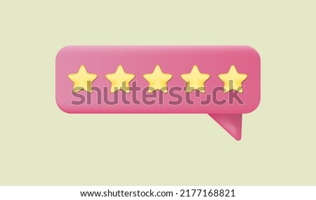 Red bubble with five gold stars 3d icon. Volumetric rating of satisfied customers. Best survey among users with appraisal. Comments of buyers for services in market. Realistic isolated vector