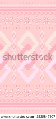 Exquisite Ethnic Traditional Prints detailed with border ornament ikat style seamless pattern vector Maya Meso american Light Shades of Coral. Sweet Pastel of Ancient Culture Textile.