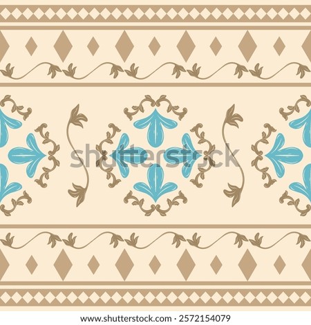 Beautiful Moroccan Luxury Border Beige and Blue Embroidery Design Scroll Ornament and Geometric Pattern. Elegance Gold Silk Weaves Exquisitely Decoration for Wallpaper Backdrop Greek Classy Men's Wear