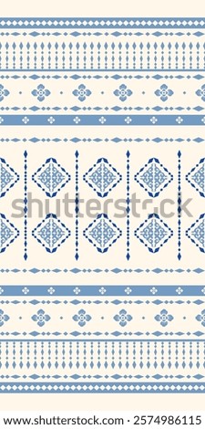 Nobel Exquisitely Motif Traditional  Ornament Blue Silk Embroidery Weaves on Off White Background. Elegance Seamless Border Pattern with Ornate Florals Geometric Striped Decoration Precious Diamonds