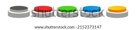 3D flat circular push button icon collection set. Black, red, green, blue, and yellow colors. On off illustration vector symbol. front perspective view.