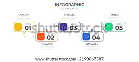 Timeline connect five steps infographic elements plan concept design vector with icons. Business workflow network project template for presentation and report.	