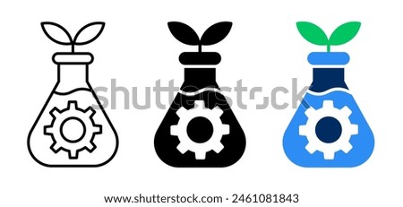 Biotechnology science glass beaker gear icons set design vector. Lined, solid, and flat style illustration.	
