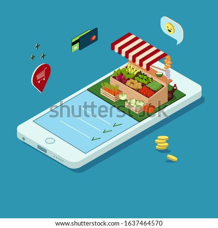 Concept of online ordering of farm products. Mobile phone with an image of a shopping tent in isometry. Stock vector graphics