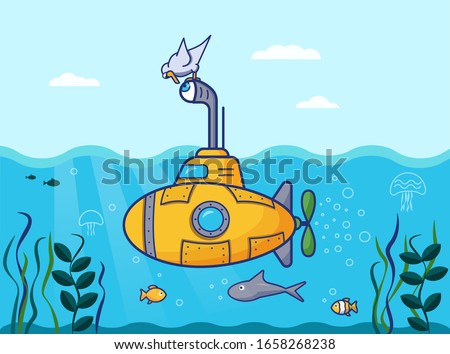 Illustration. The yellow submarine sails into the sea, a bird sits on the periscope and looks into it. Stock vector graphics.