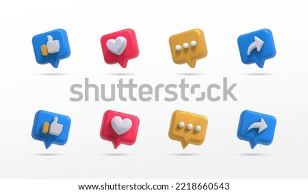 social media icon set thumbs, comment, share and love 3d style