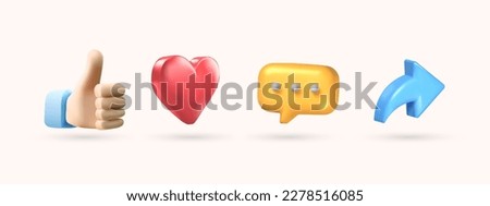 social media icon set thumbs up, comment, share and love 3d style