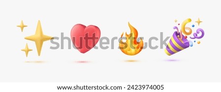 3d emoji party popper, love, sparkles and flame icon illustration design