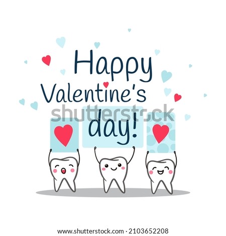 Teeth. Happy Valentine's Day. Poster with cute smiling cartoon teeth with hearts on a white background. Stomatology concept. Flat style cartoon character illustration. Dental kids care banner. Vector Foto stock © 