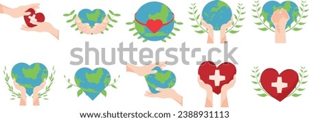 Set of world humanitarian day illustration. Earth, love, community help symbol with hand give heart. Vector illustration.