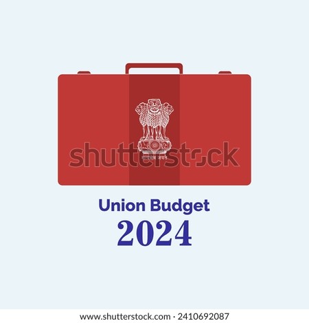 Union Budget 2024 India. Red suitcase and national emblem of India. Vector, Illustration.