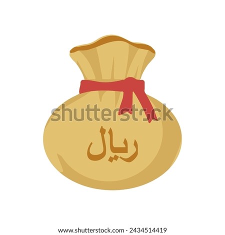 Iranian Rial Money bag or coin bag tide with red rope. Cash, interest rate, business and financial item. Flat style vector finance symbol.