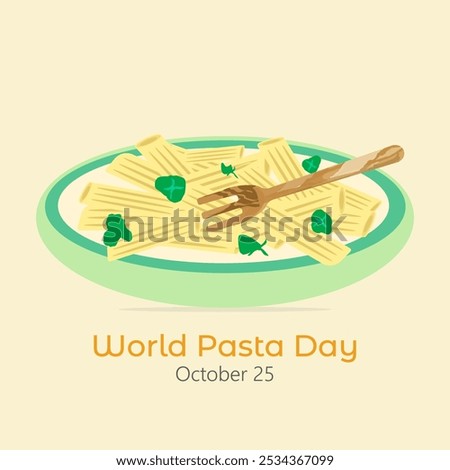 World Pasta Day poster vector, illustration. Plate of pasta with Cilantro or coriander and wooden fork. Pasta on a plate drawing. Celebrated on October 25 every year. 