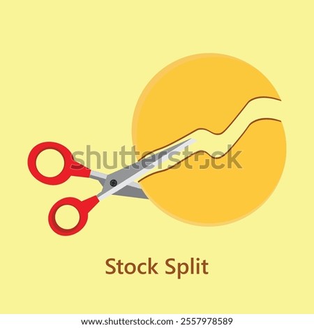 Stock Split or Share split in stock market vector, illustration. Share split in half and scissors design for info slides and creative posters.