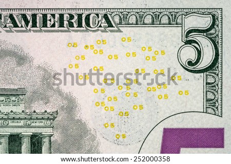 American money, Five dollar bill close-up.